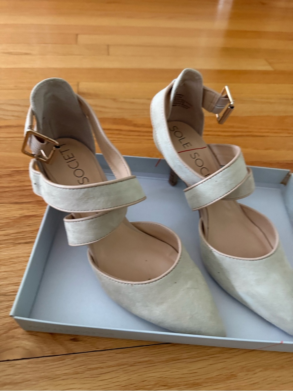 Sole Society Cream Pointed-Toe Double Ankle Strap Heels